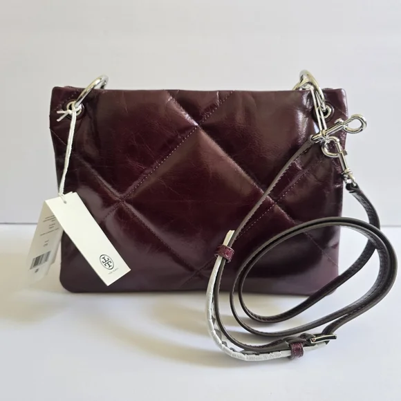 Tory Burch Small Kira Diamond Quilt Distressed Leather Crossbody Bag DarkCarmine - Picture 3 of 8